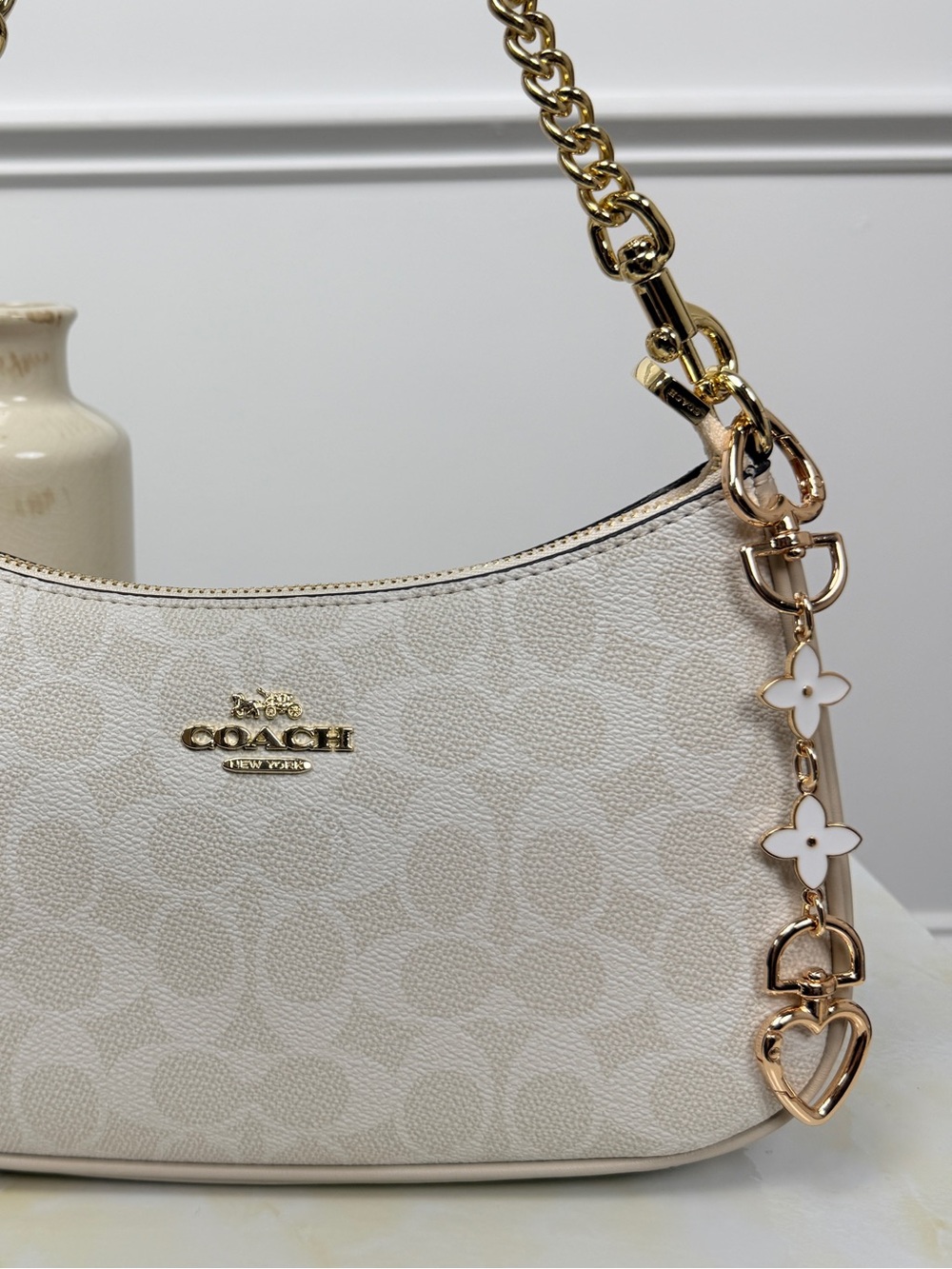 Coach Gold White Enamel Flower Heart Bag Charm Strap Extender ACCESSORY ONLY